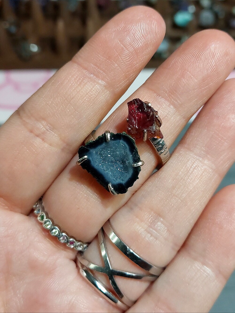 🪨⚒️ Duel Mini Tabasco Mexican Geode & Raw Garnet Copper Ring